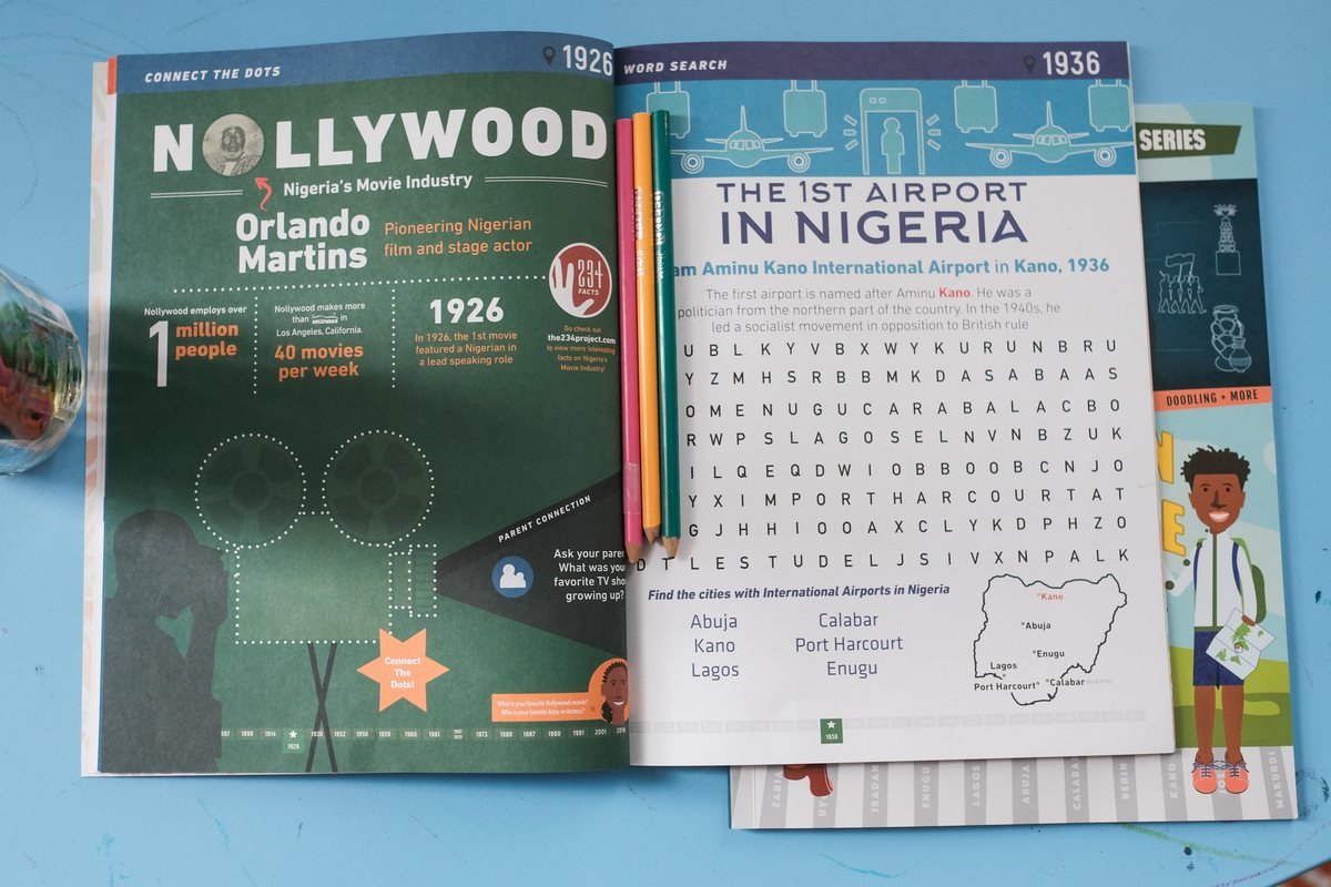 The Nollywood and first-airport spreads open on a table