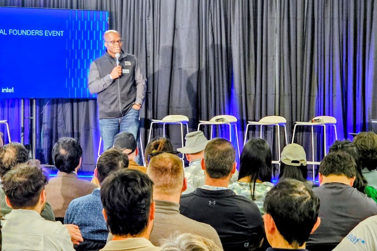 Mobolaji with a microphone at the SXSW International Founders Event